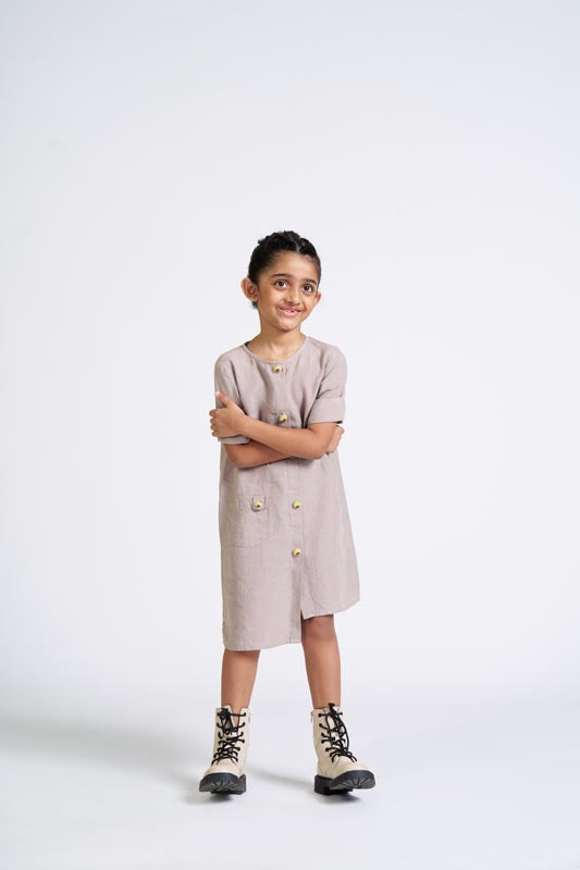 Almond Beige Buttoned Embroidered Dress - Chi Linen