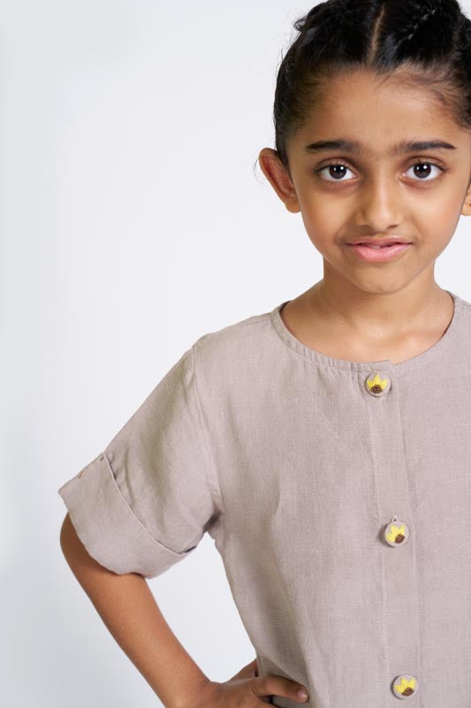 Almond Beige Buttoned Embroidered Dress - Chi Linen