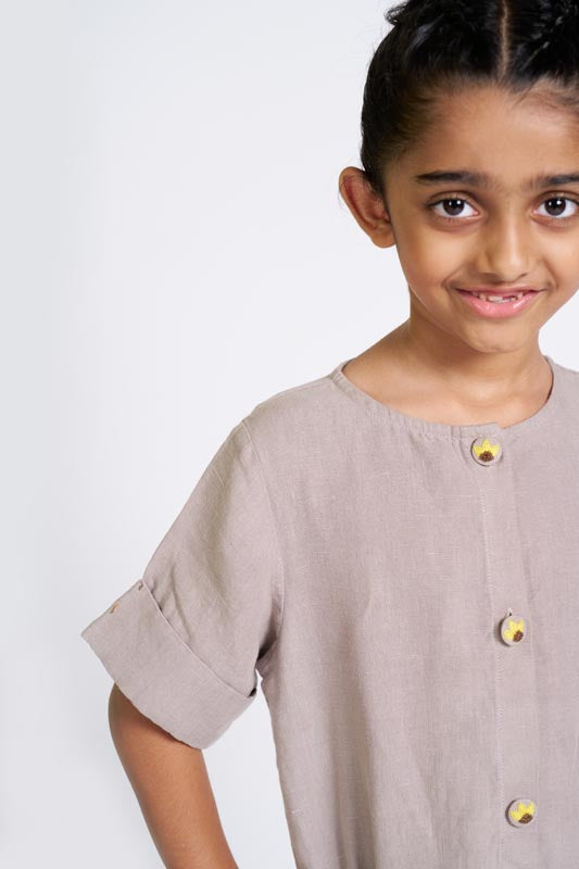 Almond Beige Buttoned Embroidered Dress - Chi Linen