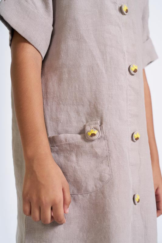 Almond Beige Buttoned Embroidered Dress - Chi Linen