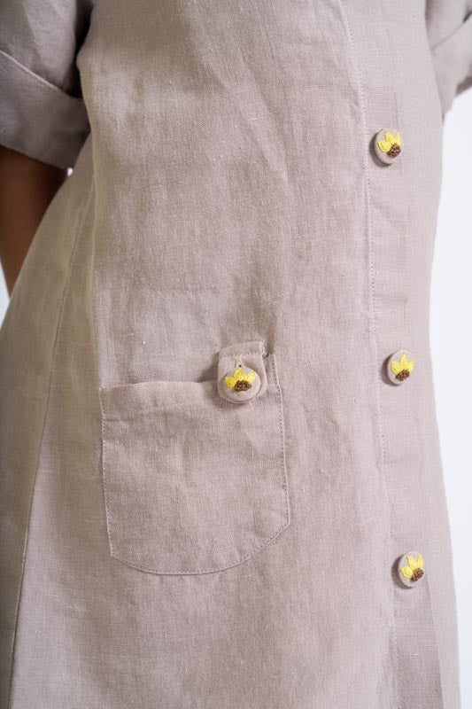 Almond Beige Buttoned Embroidered Dress - Chi Linen
