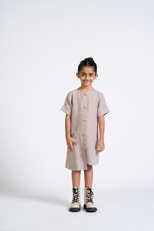 Almond Beige Buttoned Embroidered Dress - Chi Linen