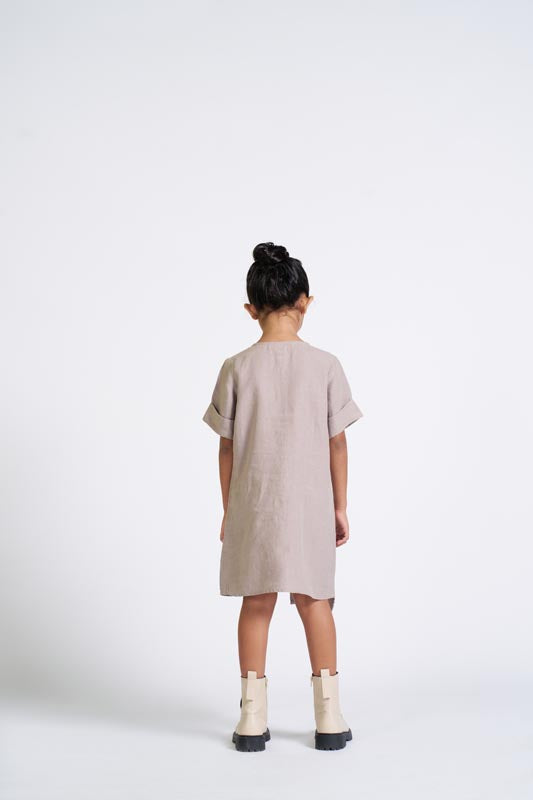 Almond Beige Buttoned Embroidered Dress - Chi Linen