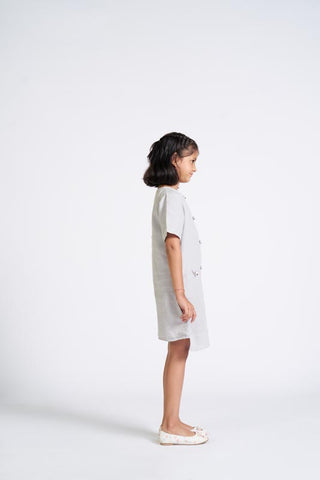 Cloud Grey Buttoned Embroidered Dress - Chi Linen