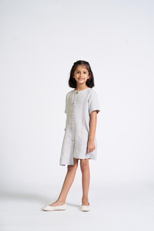 Cloud Grey Buttoned Embroidered Dress - Chi Linen