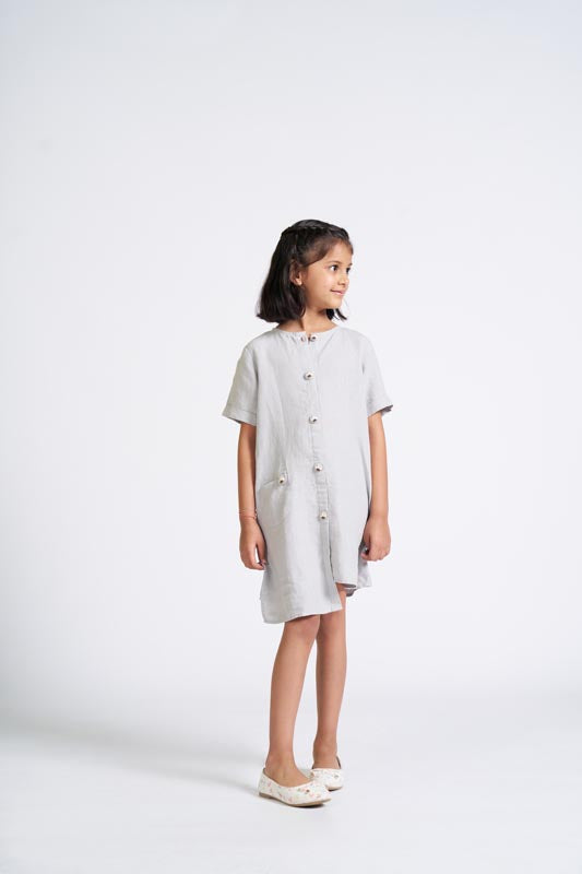 Cloud Grey Buttoned Embroidered Dress - Chi Linen