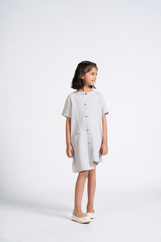 Cloud Grey Buttoned Embroidered Dress - Chi Linen