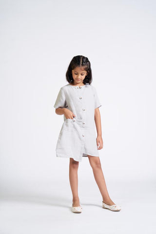 Cloud Grey Buttoned Embroidered Dress - Chi Linen