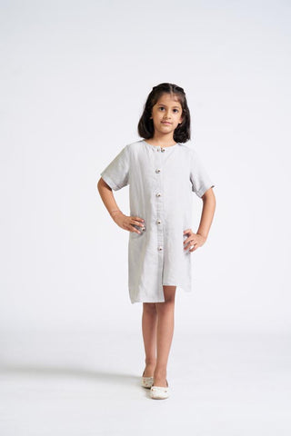 Cloud Grey Buttoned Embroidered Dress - Chi Linen