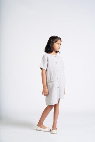 Cloud Grey Buttoned Embroidered Dress - Chi Linen