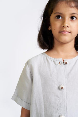 Cloud Grey Buttoned Embroidered Dress - Chi Linen