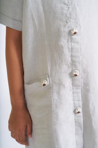 Cloud Grey Buttoned Embroidered Dress - Chi Linen