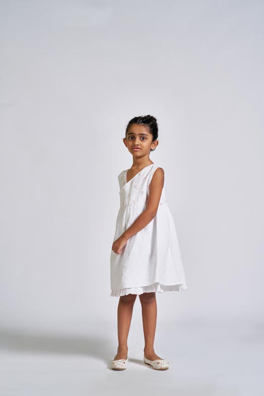 White Embroidered Yoke Dress - Chi Linen