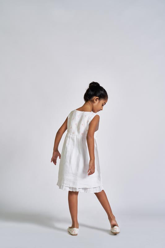White Embroidered Yoke Dress - Chi Linen