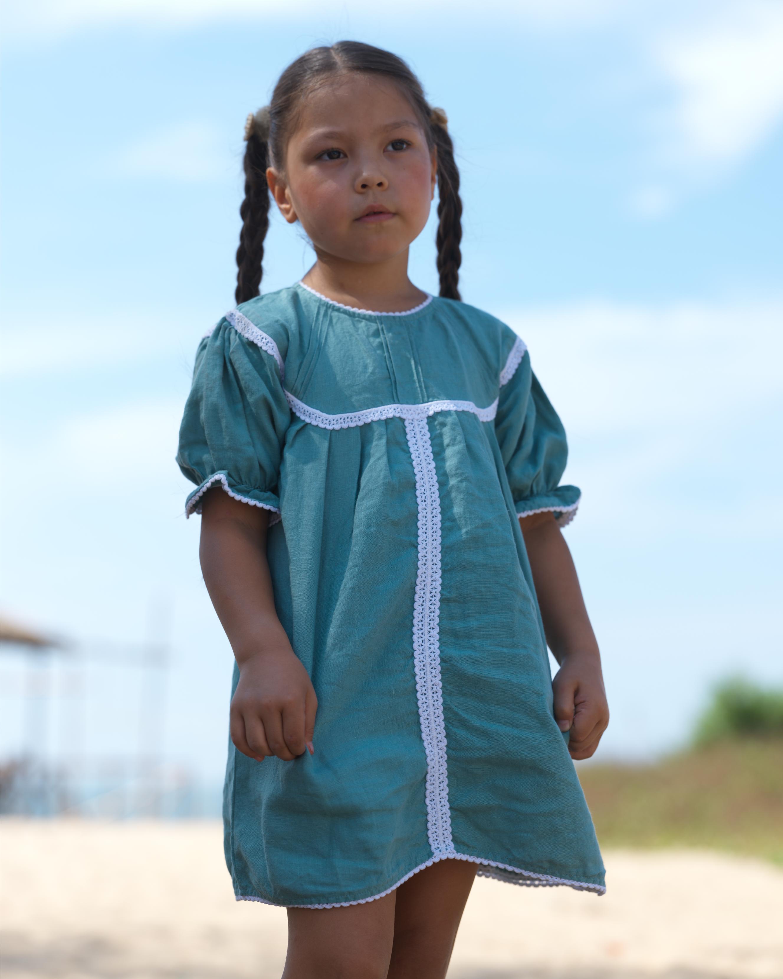 Girls Puff Sleeve Vintage Dress Pine Green