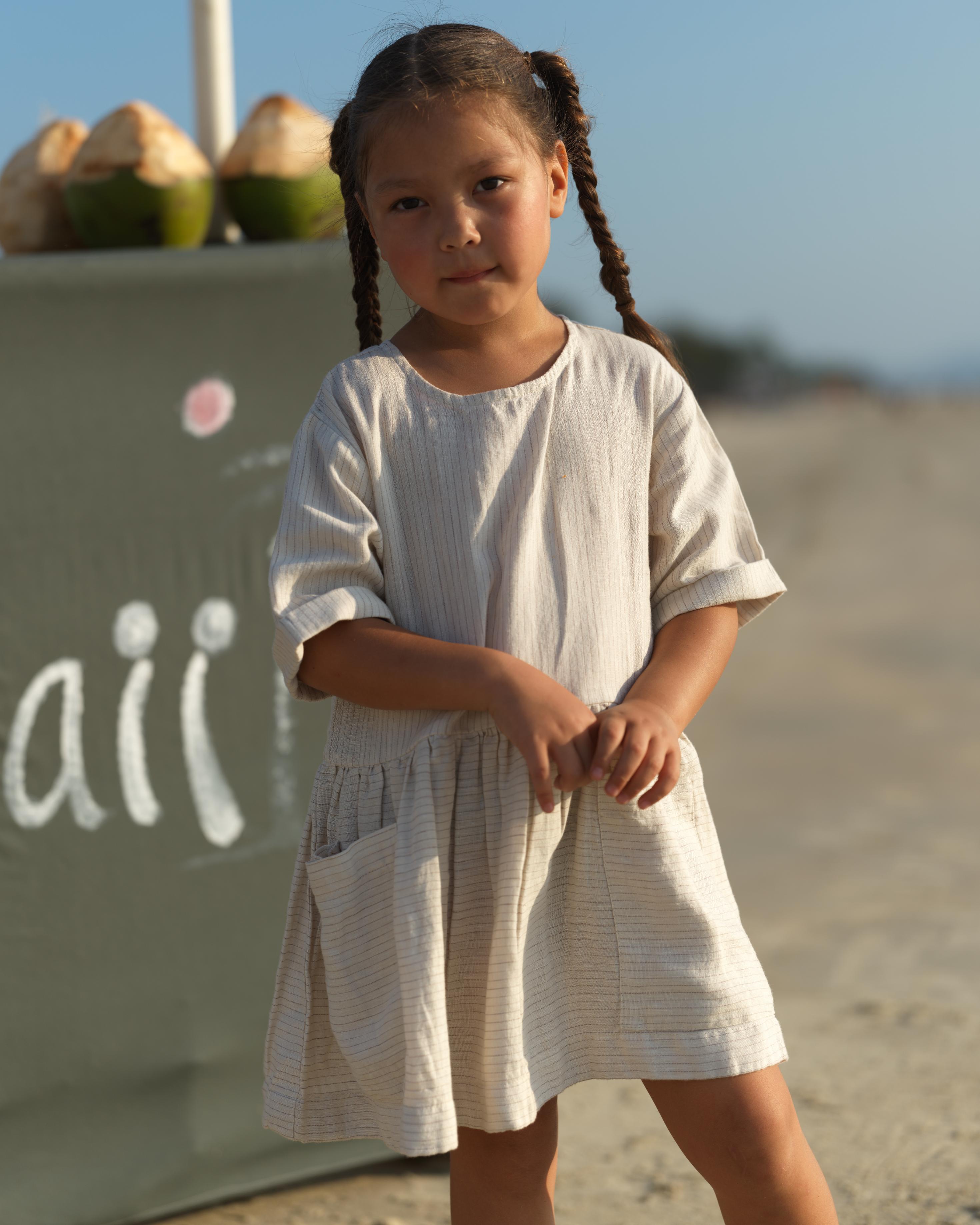 Girl Patch Pocket Drop Shoulder Dress Beige Lines