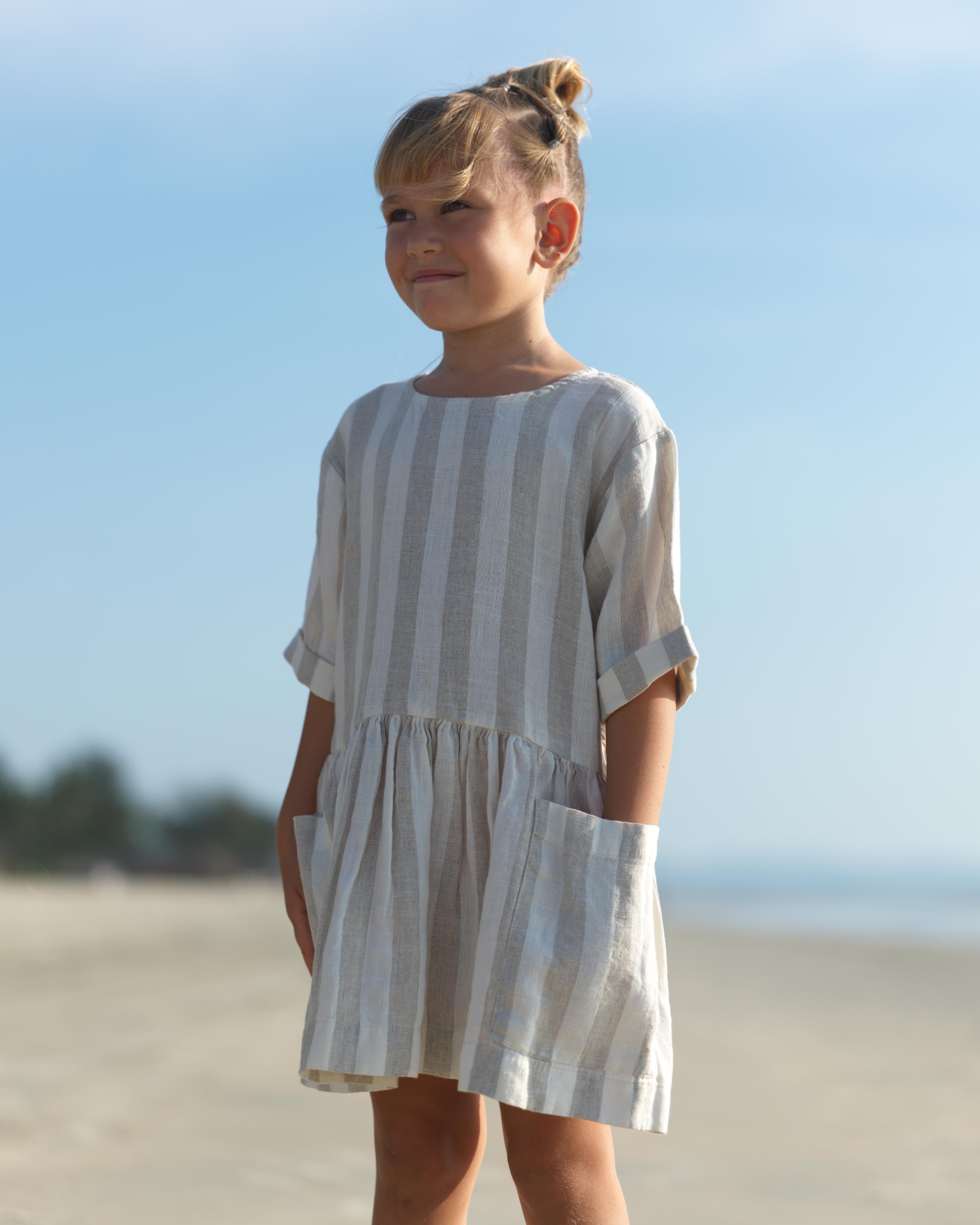 Girl Patch Pocket Drop Shoulder Dress Beige Cabana Stripe