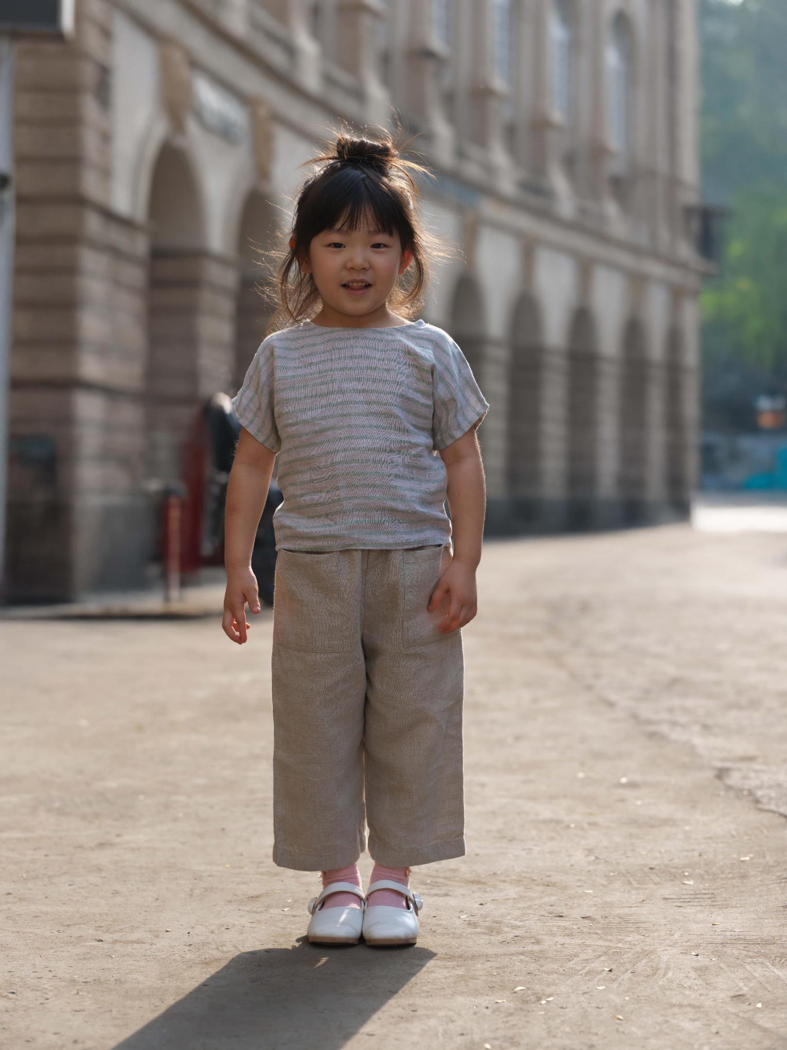 Girls Round Shoulder Top & Patch pocket Trousers Co-Ord set Sage Pencil Stripe / Natural swaps