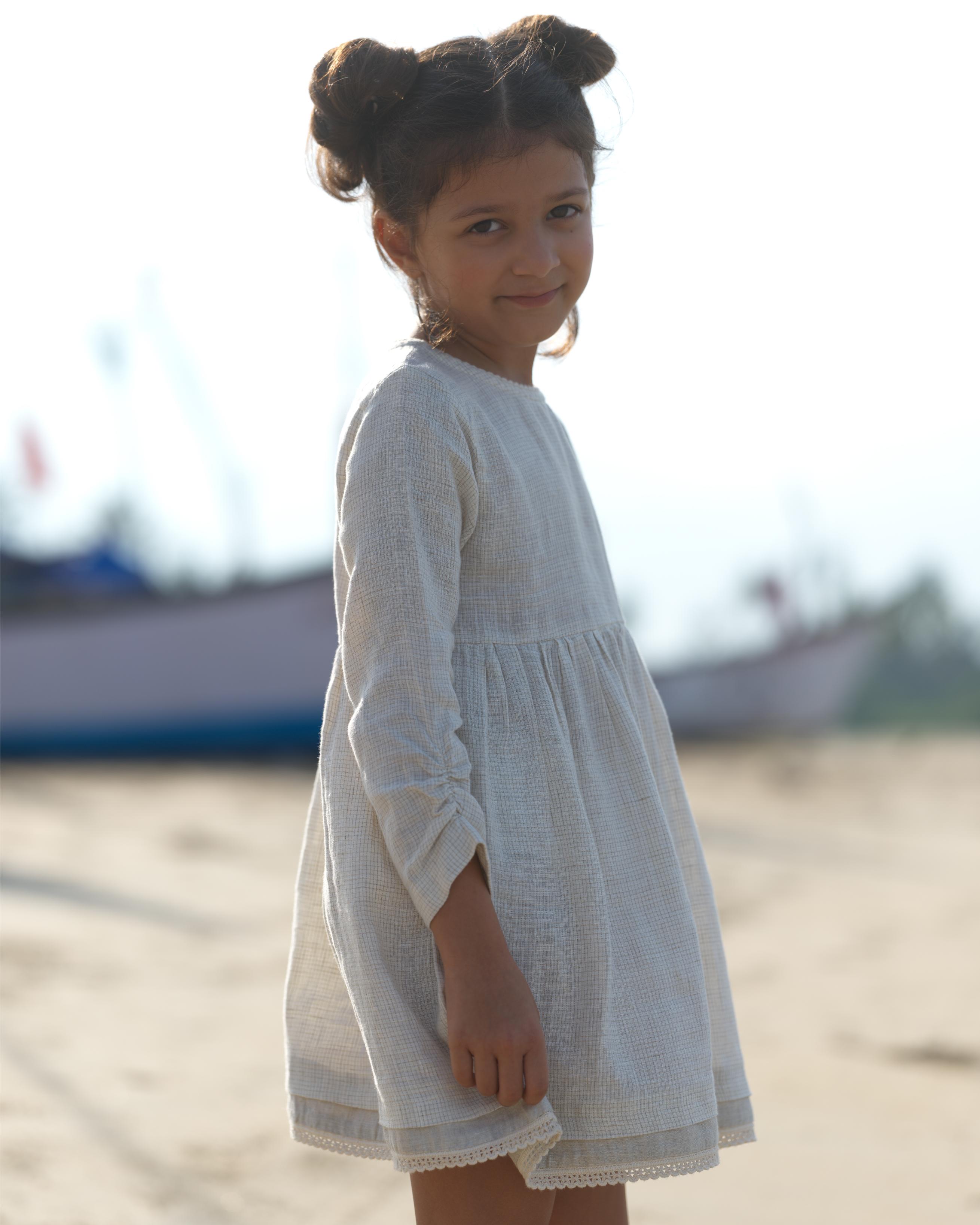 Girl Elastic Long Sleeve Dress Ivory Check