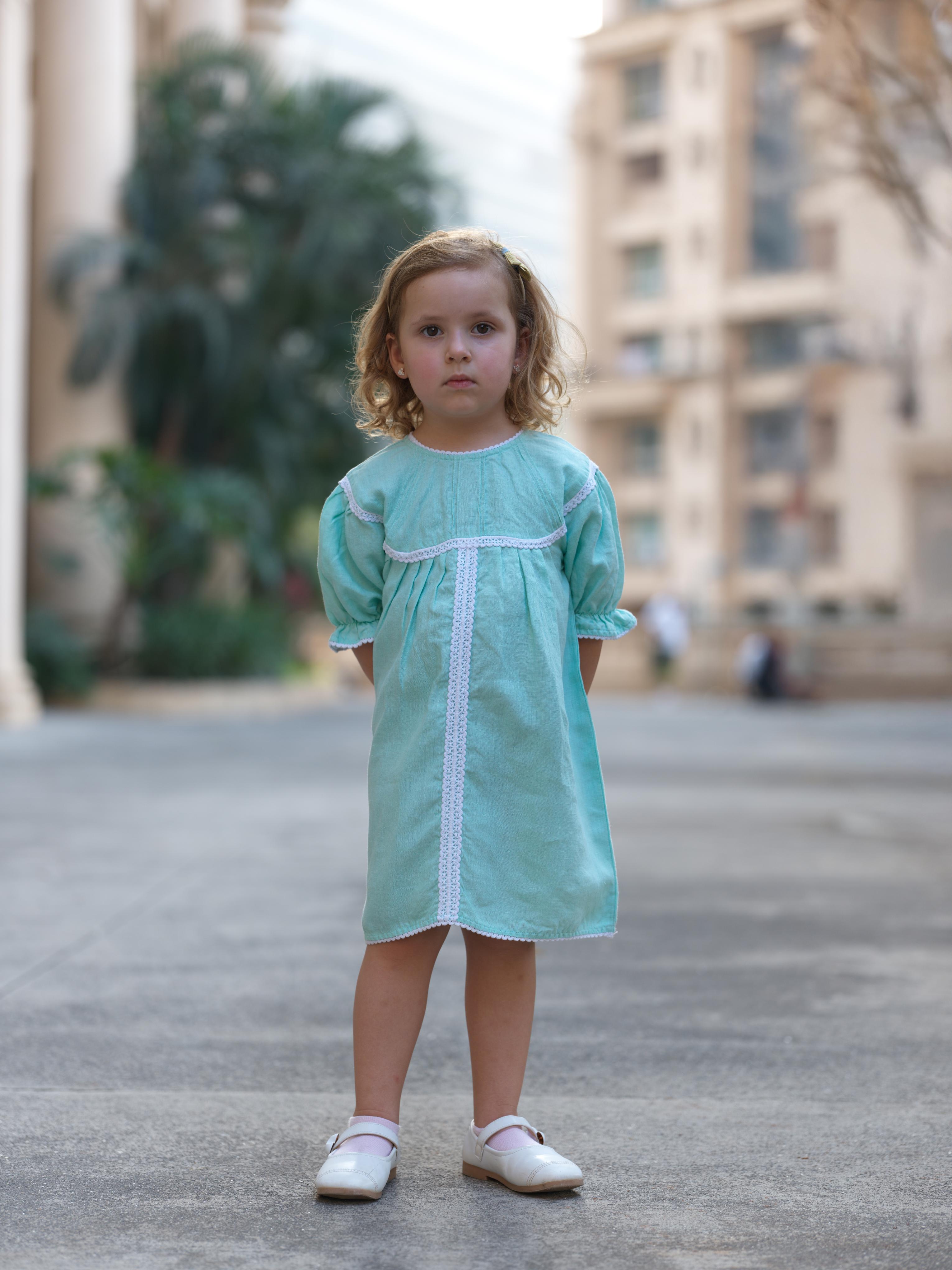Girls Puff Sleeve Vintage Dress Celestial Green
