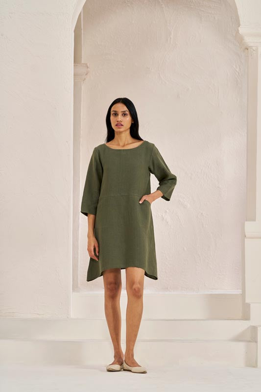 Boat Neck A-line Dress Crocodile Green - Chi Linen