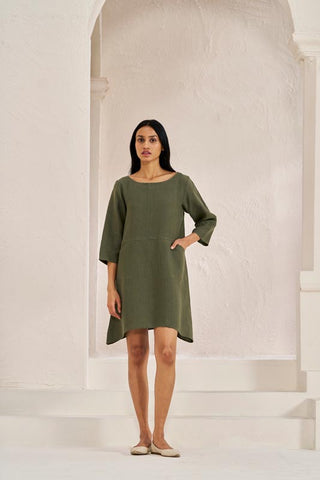 Boat Neck A-line Dress Crocodile Green - Chi Linen