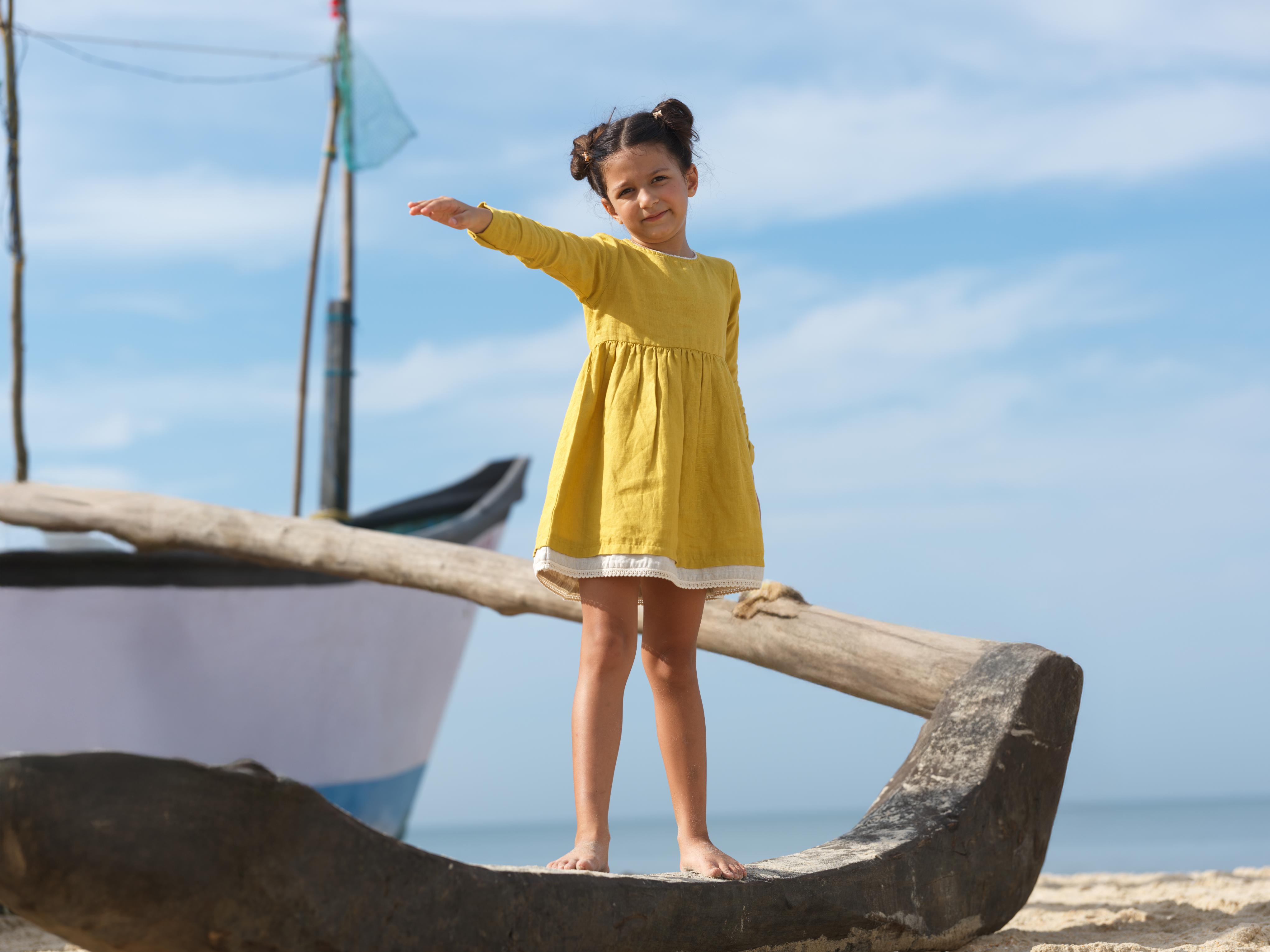 Girl Elastic Long Sleeve Dress Mustard