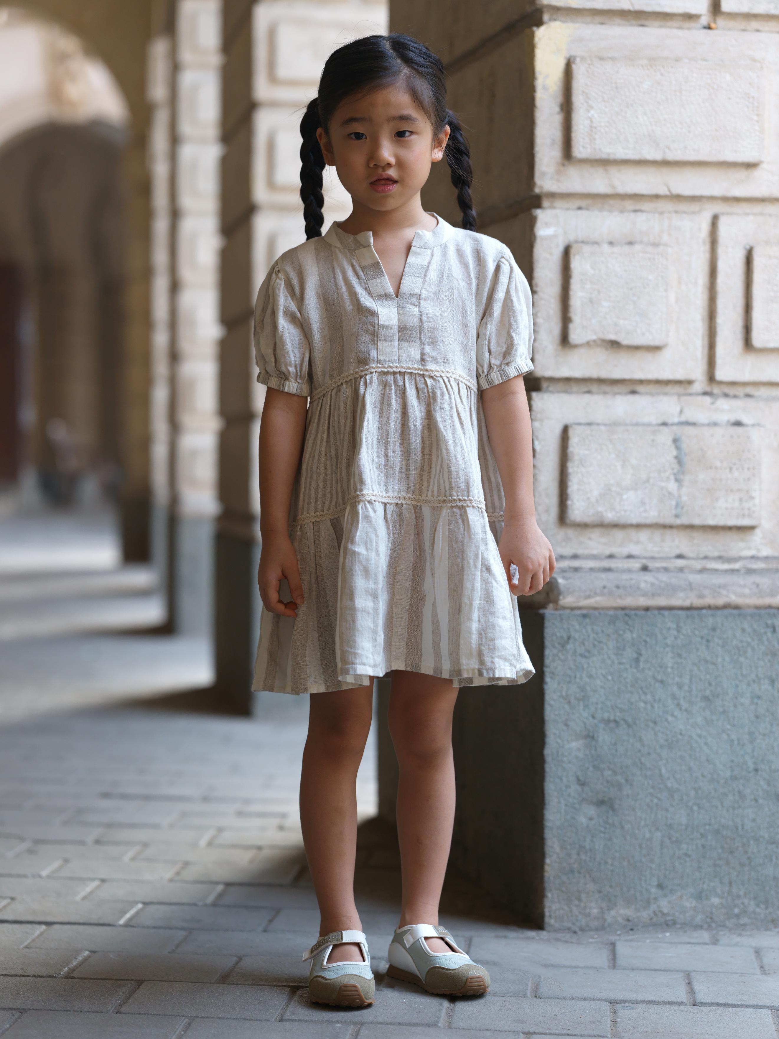 Girls 3 Tier V-Neck Dress Beige Cabana Stripe