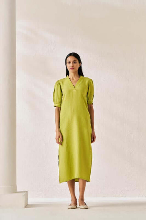 V-Neck Side Slit Dress Kiwi Green - Chi Linen