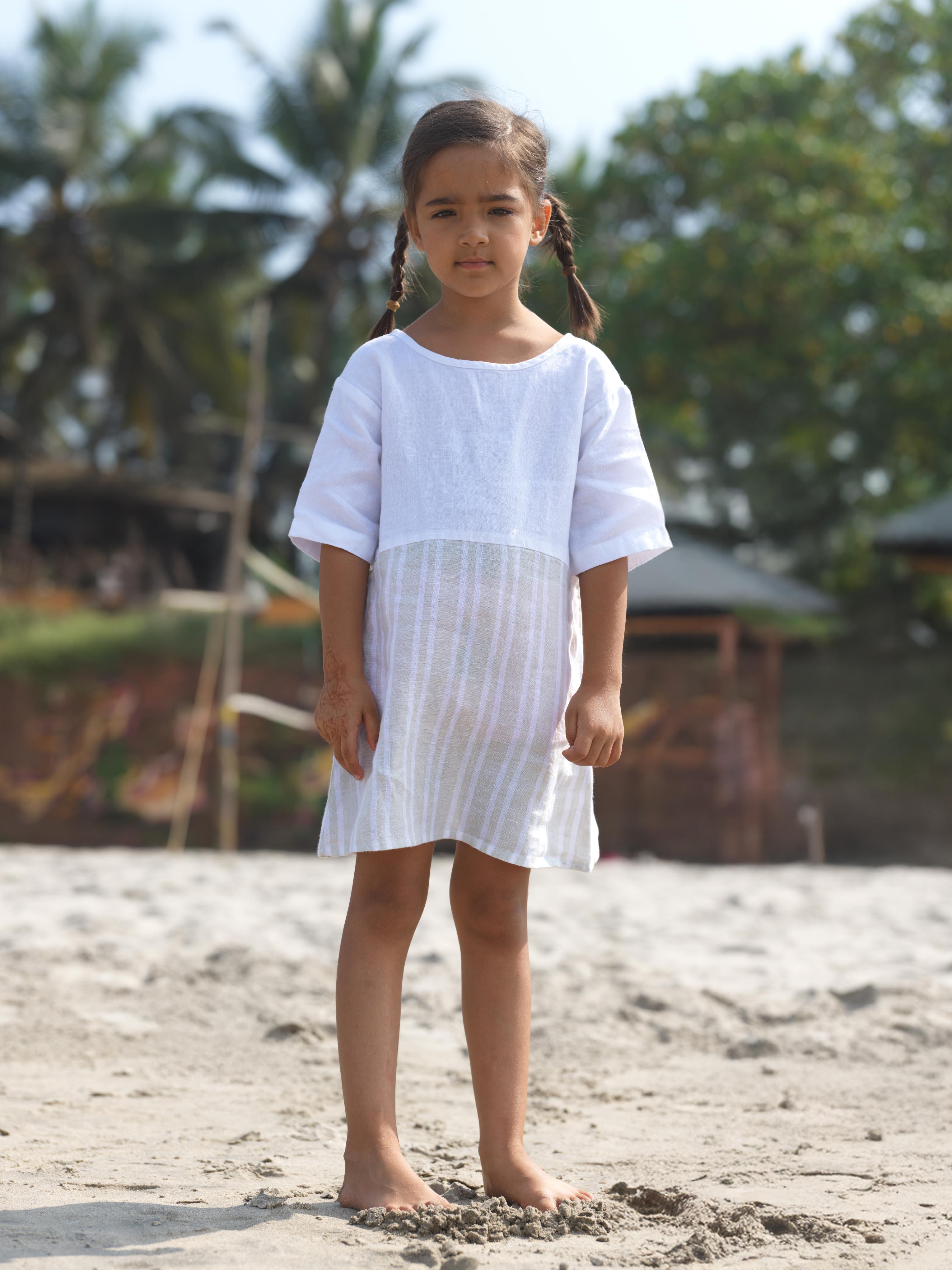 Girls Two Colour Casual Dress Beige Double Stripe / White