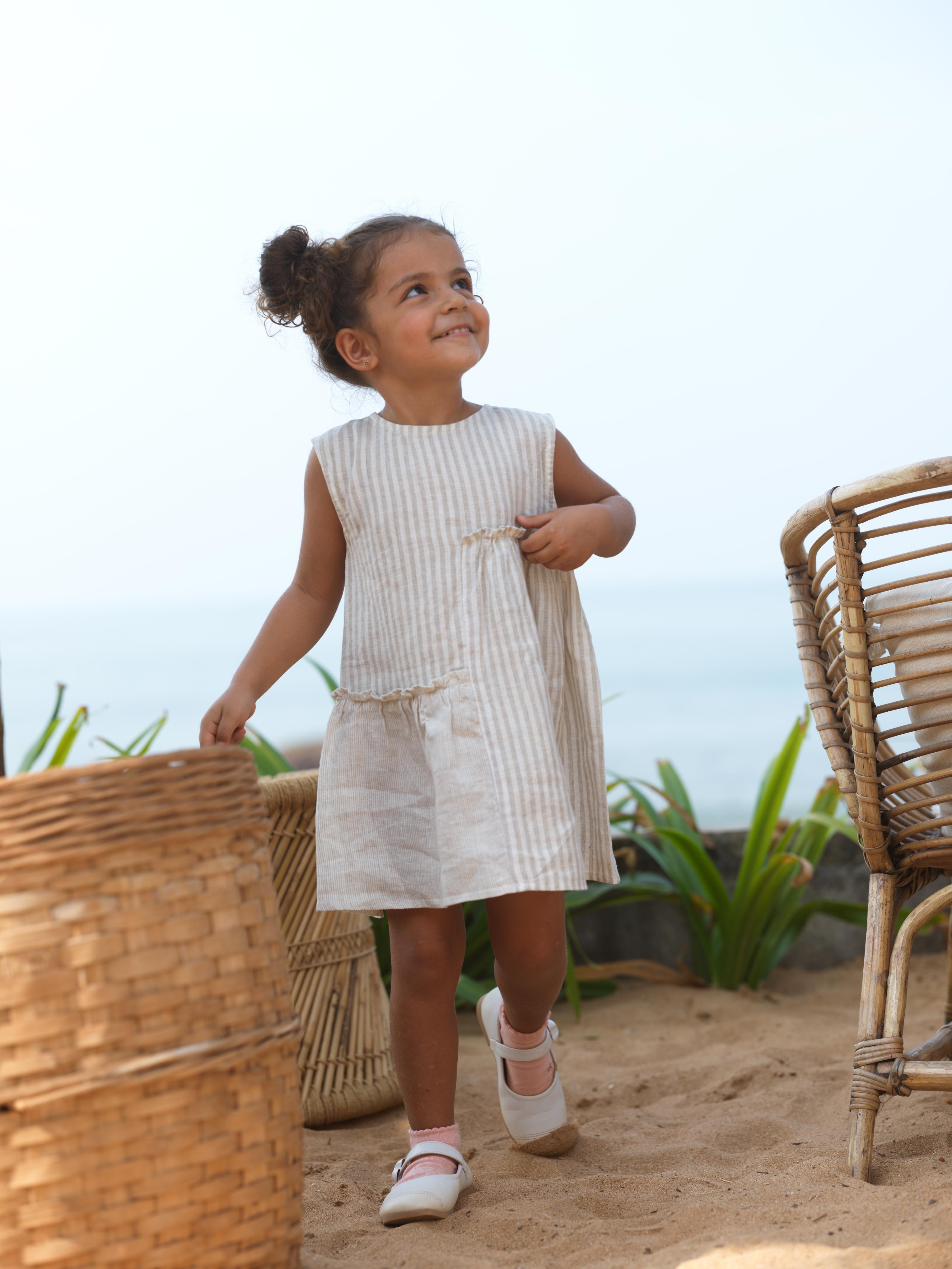 Girls Sleeveless Gathered Dress Beige Stripes / Fade Fine Stripe