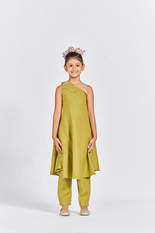 Olive Green One Shoulder Kurta Set - Chi Linen