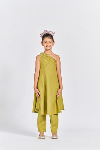 Olive Green One Shoulder Kurta Set - Chi Linen