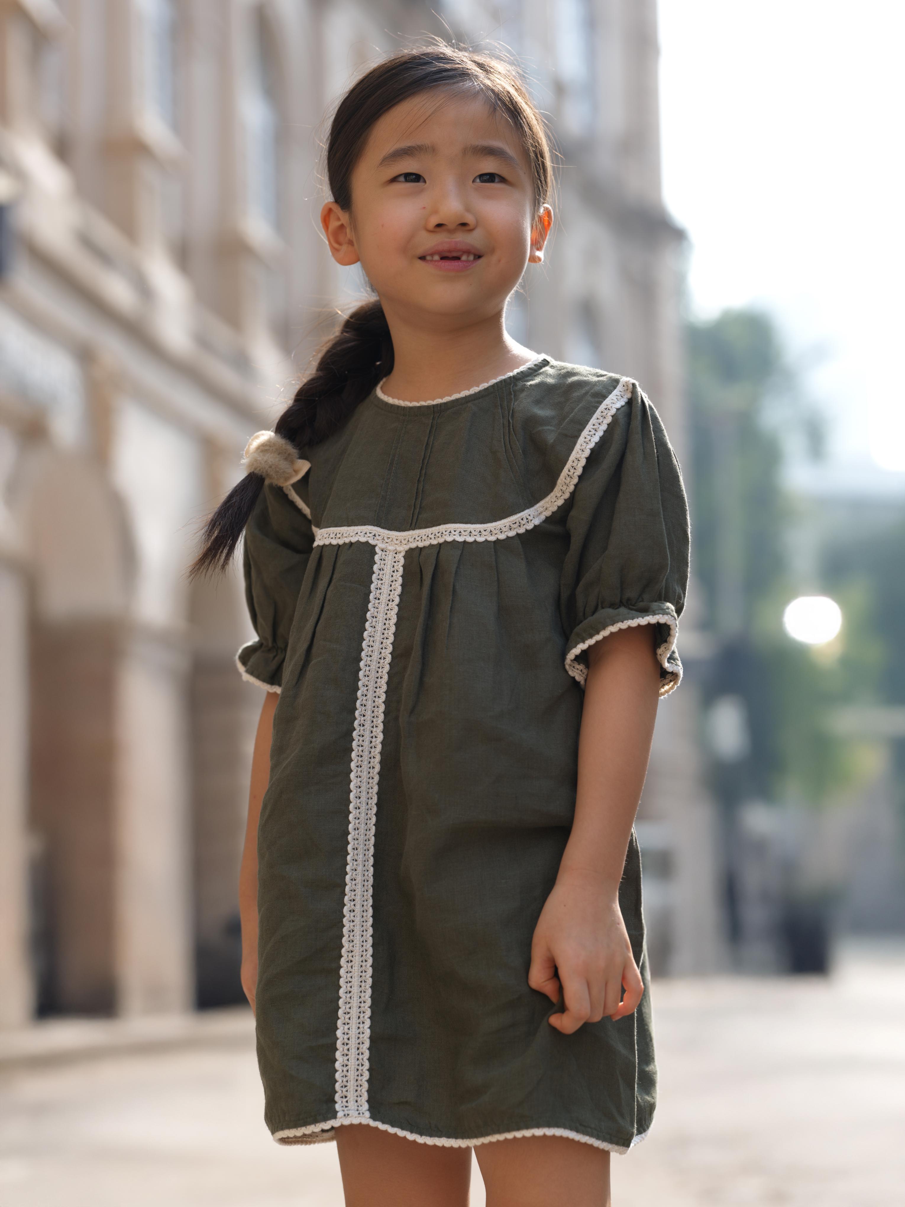 Girls Puff Sleeve Vintage Dress Crocodile Green