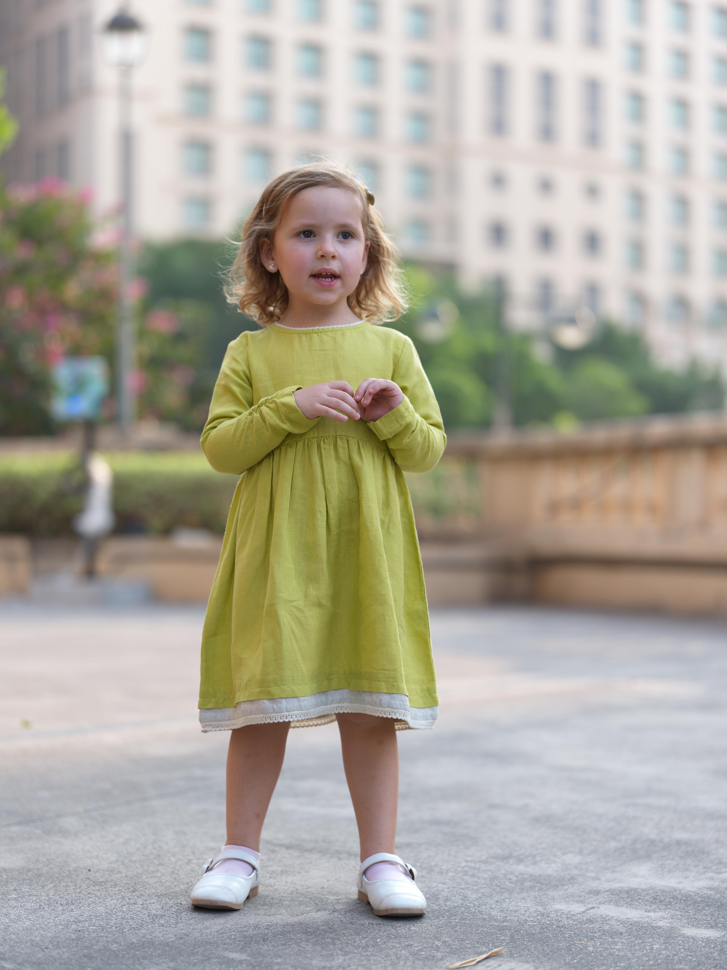 Girl Elastic Long Sleeve Dress Lime