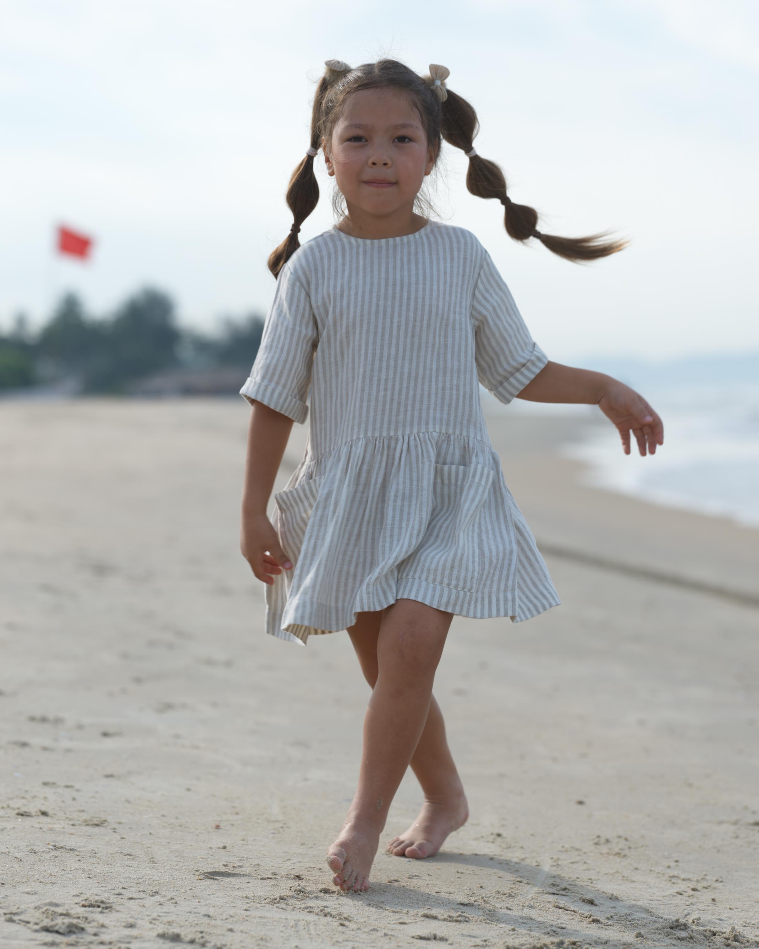 Girl Patch Pocket Drop Shoulder Dress Beige Stripes
