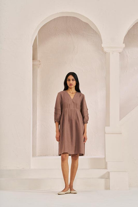 Pleated Sleeves V-neck Dress Brown Metal - Chi Linen