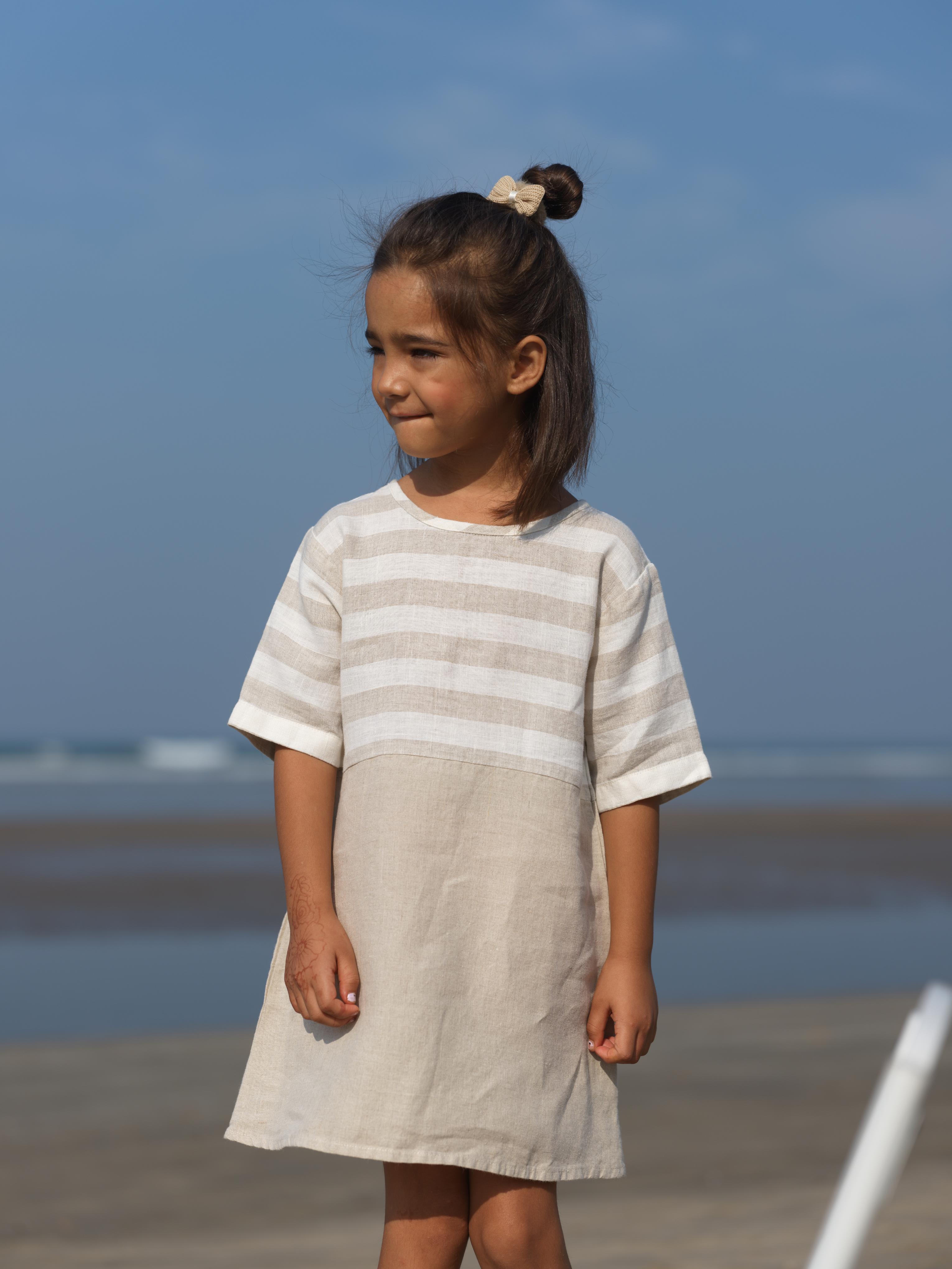 Girls Two Colour Casual Dress Beige Cabana Stripe / Natural