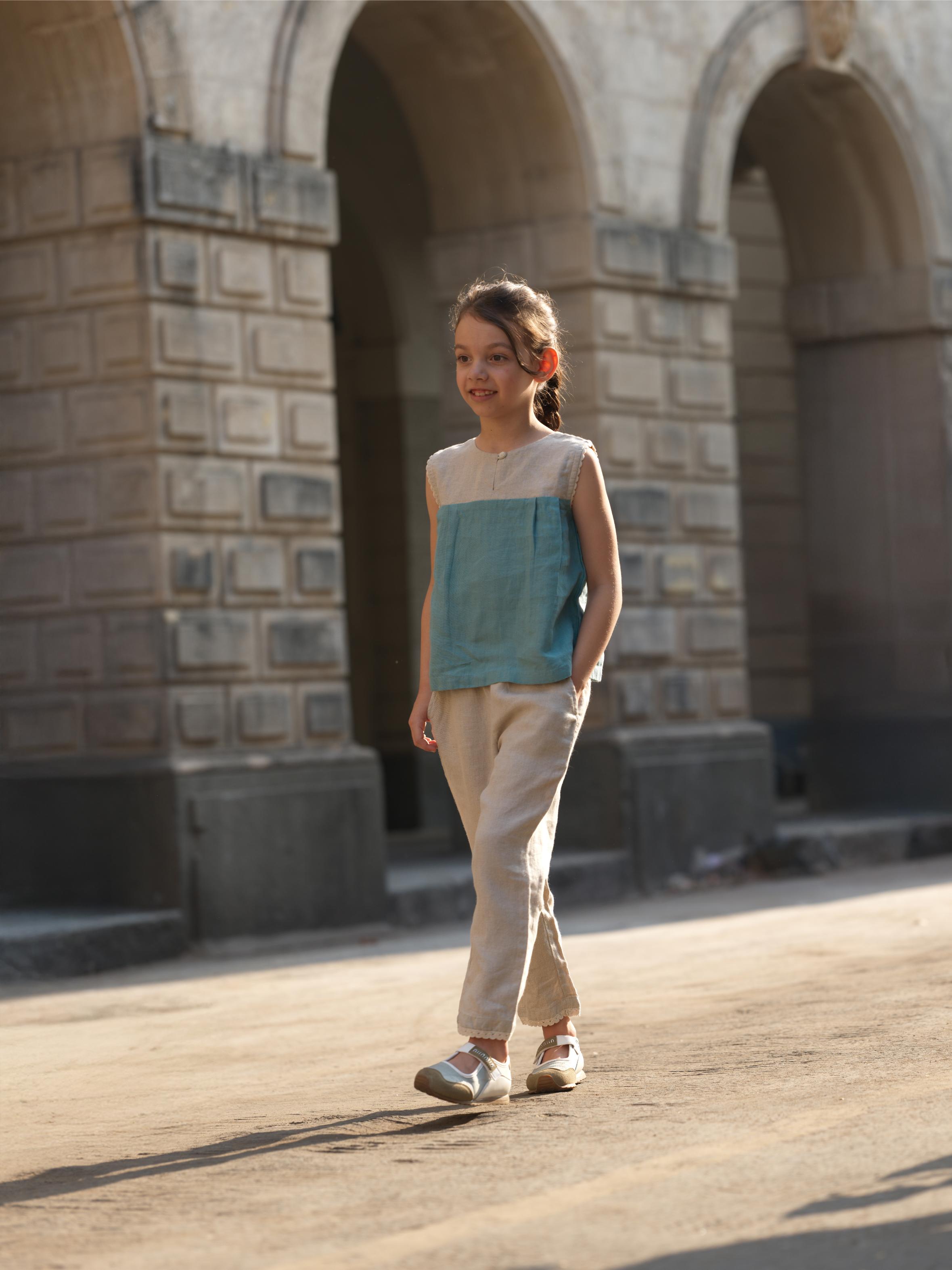 Girls Sleeveless Front Keyhole Top & Trousers Natural / Pine Green