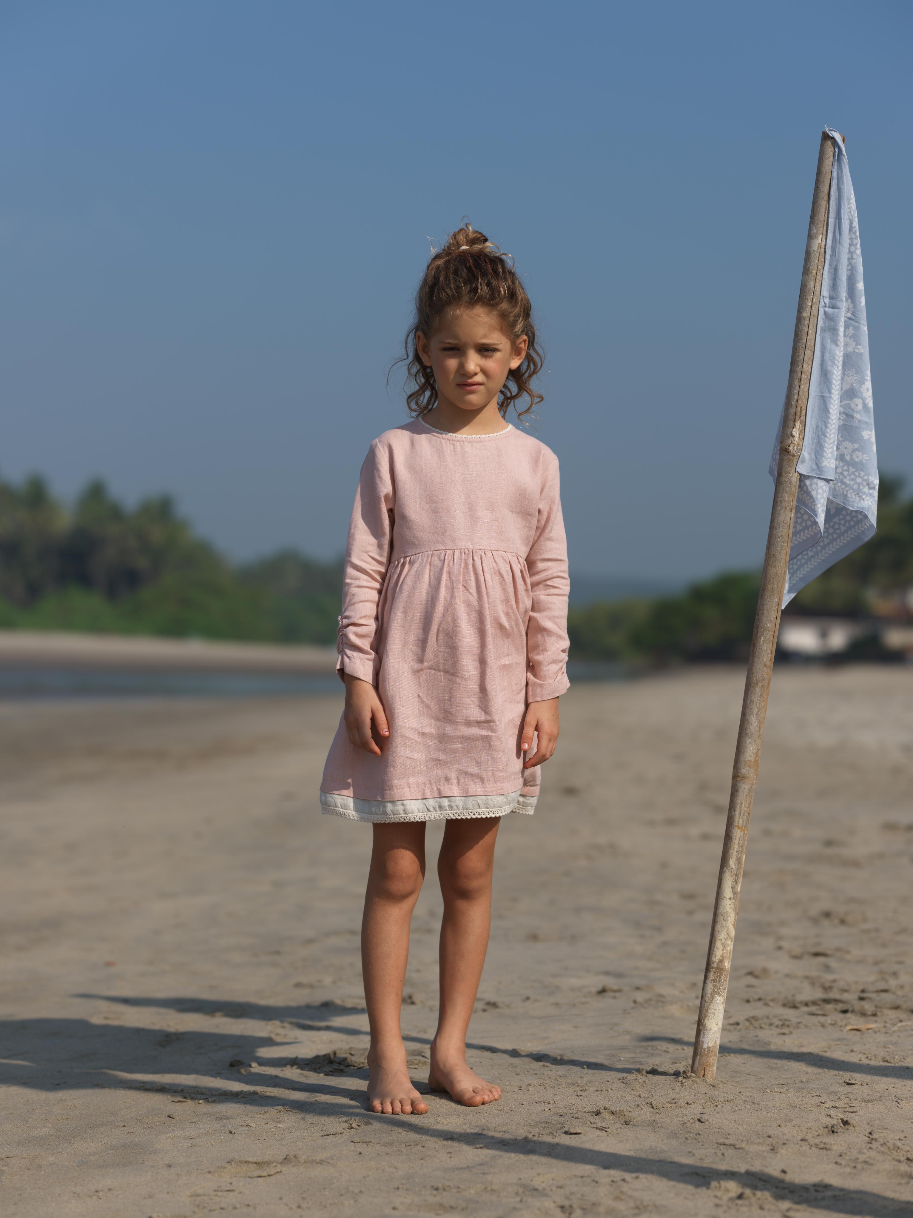 Girl Elastic Long Sleeve Dress Flamingo
