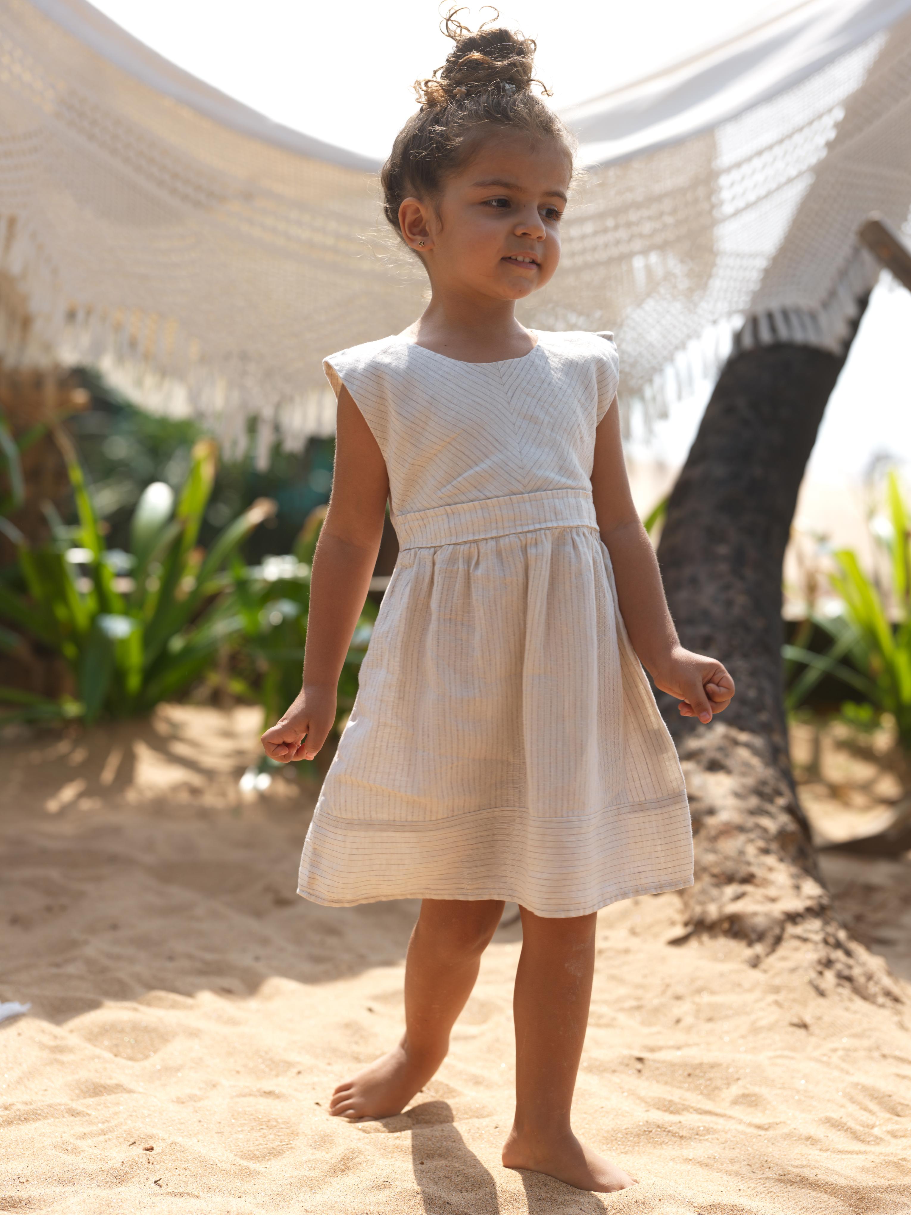 Girls Round Neck Back Opening Dress Beige Lines