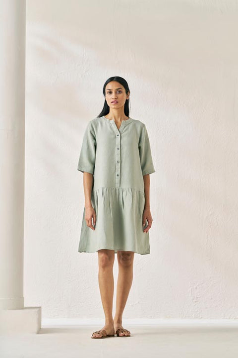 Front Opening Flared Dress Mint Green - Chi Linen
