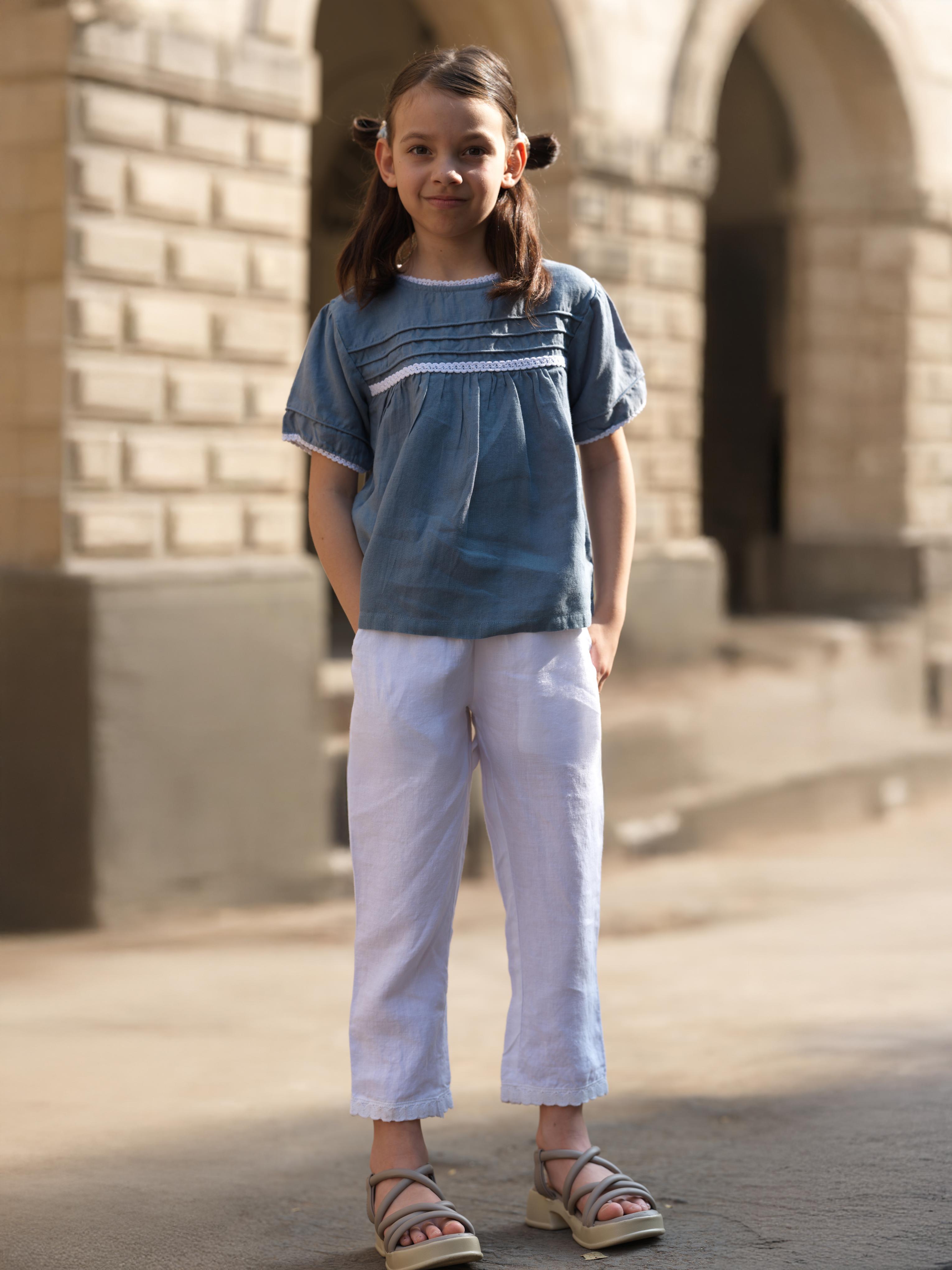 Girl Cord Piping Top & Trousers Co-ords set Airforce Blue / White