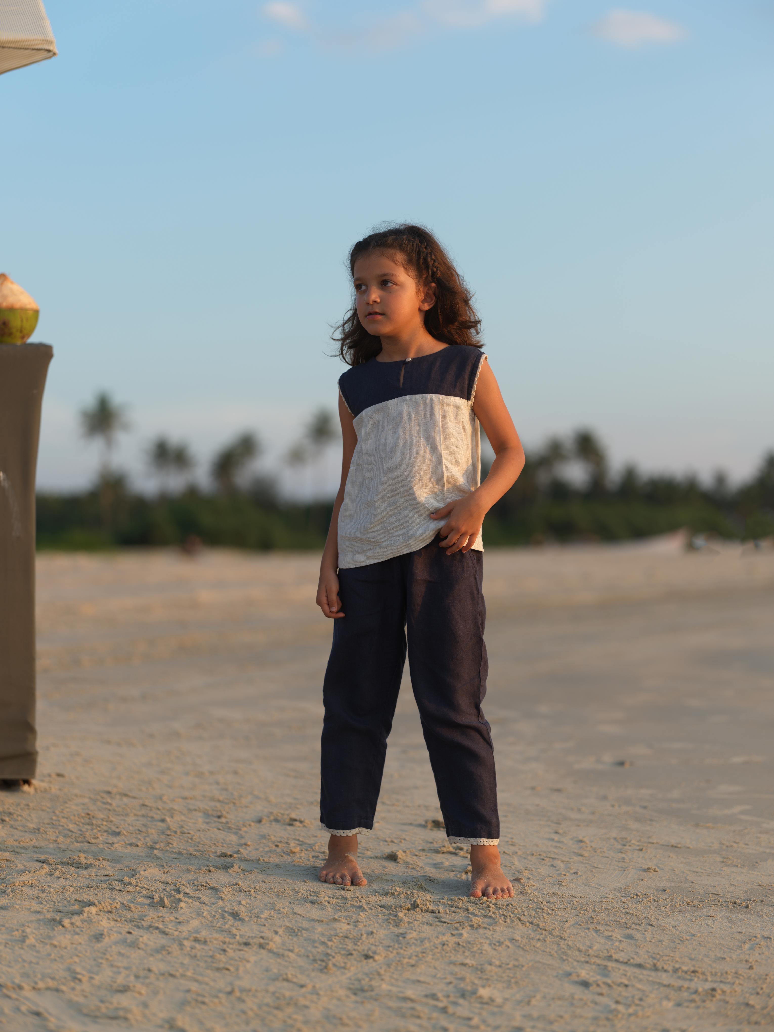 Girls Sleeveless Front Keyhole Top & Trousers Navy Blue / Fade Fine Stripe