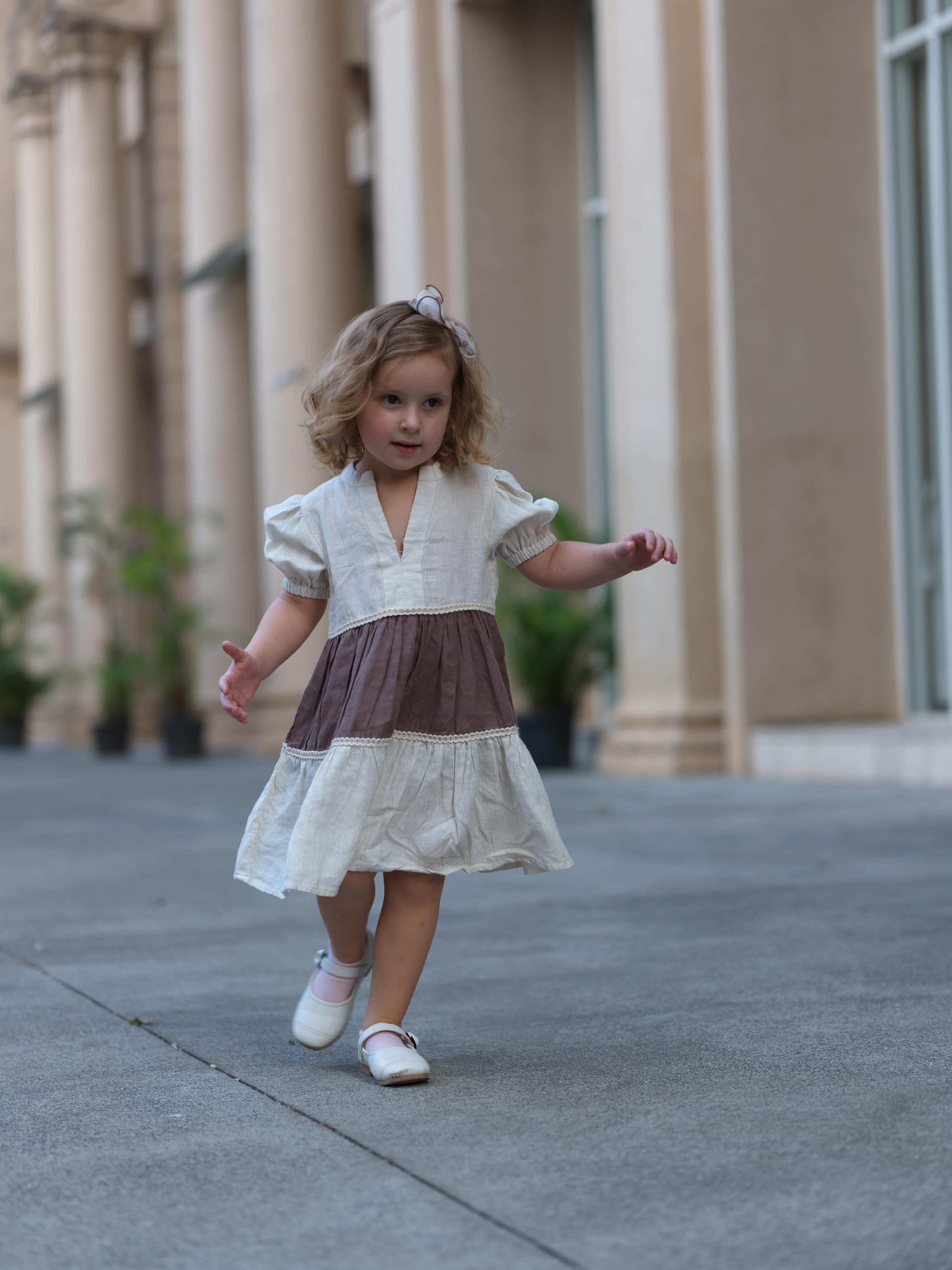 Girls 3 Tier V-Neck Dress Beige Hairline Stripe / Brown