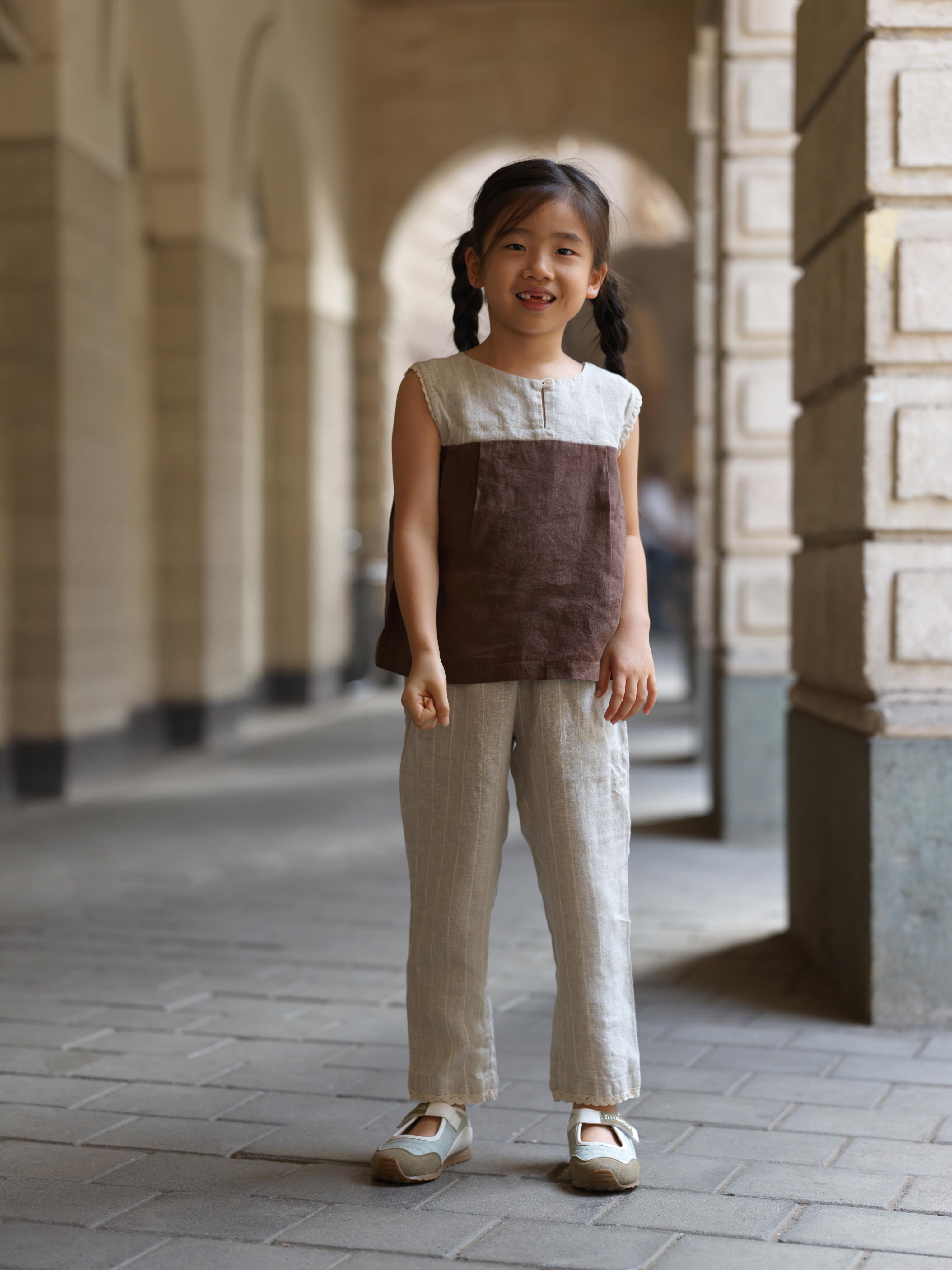 Girls Sleeveless Front Keyhole Top & Trousers Lurex Stripe / Walnut
