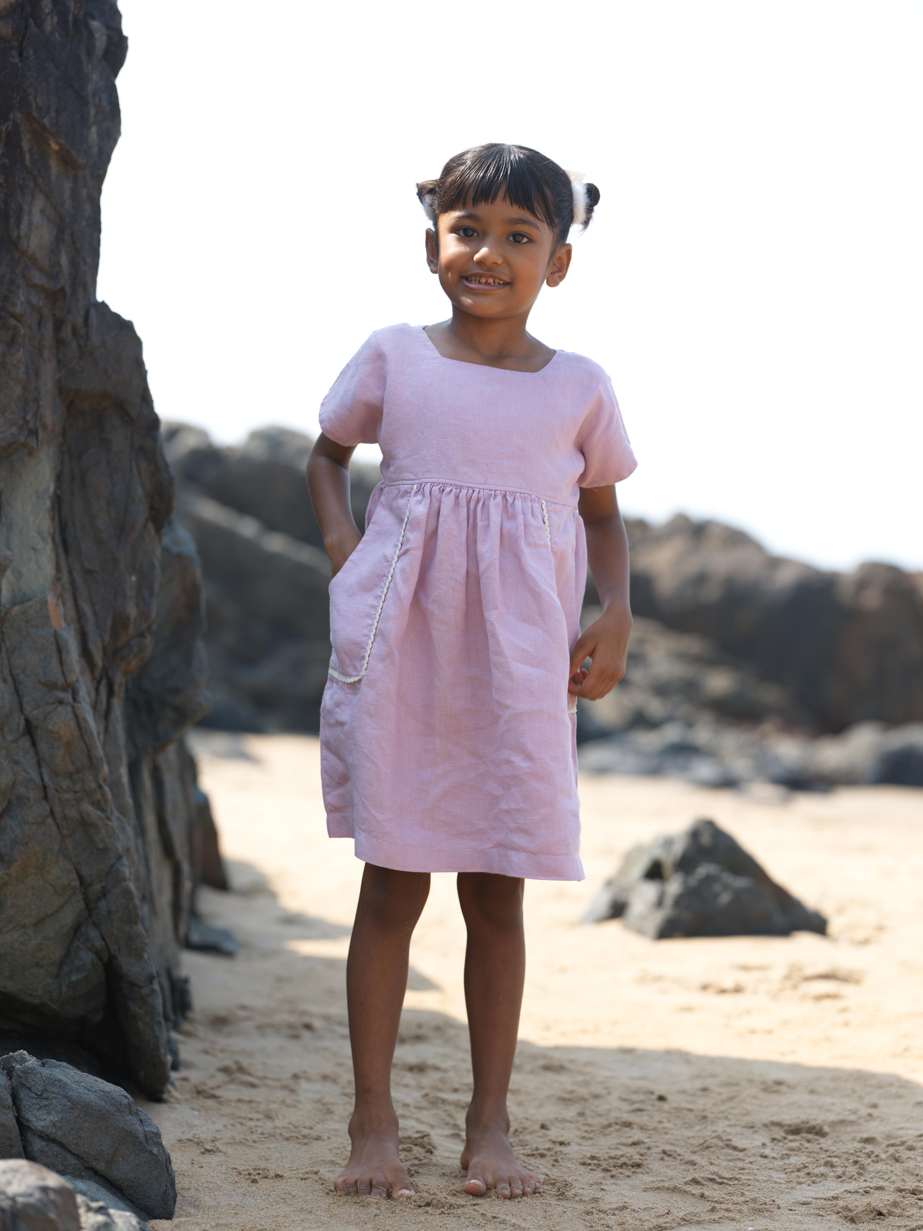 Girls Patch Pocket Tie-Back Dress Cameo Pink