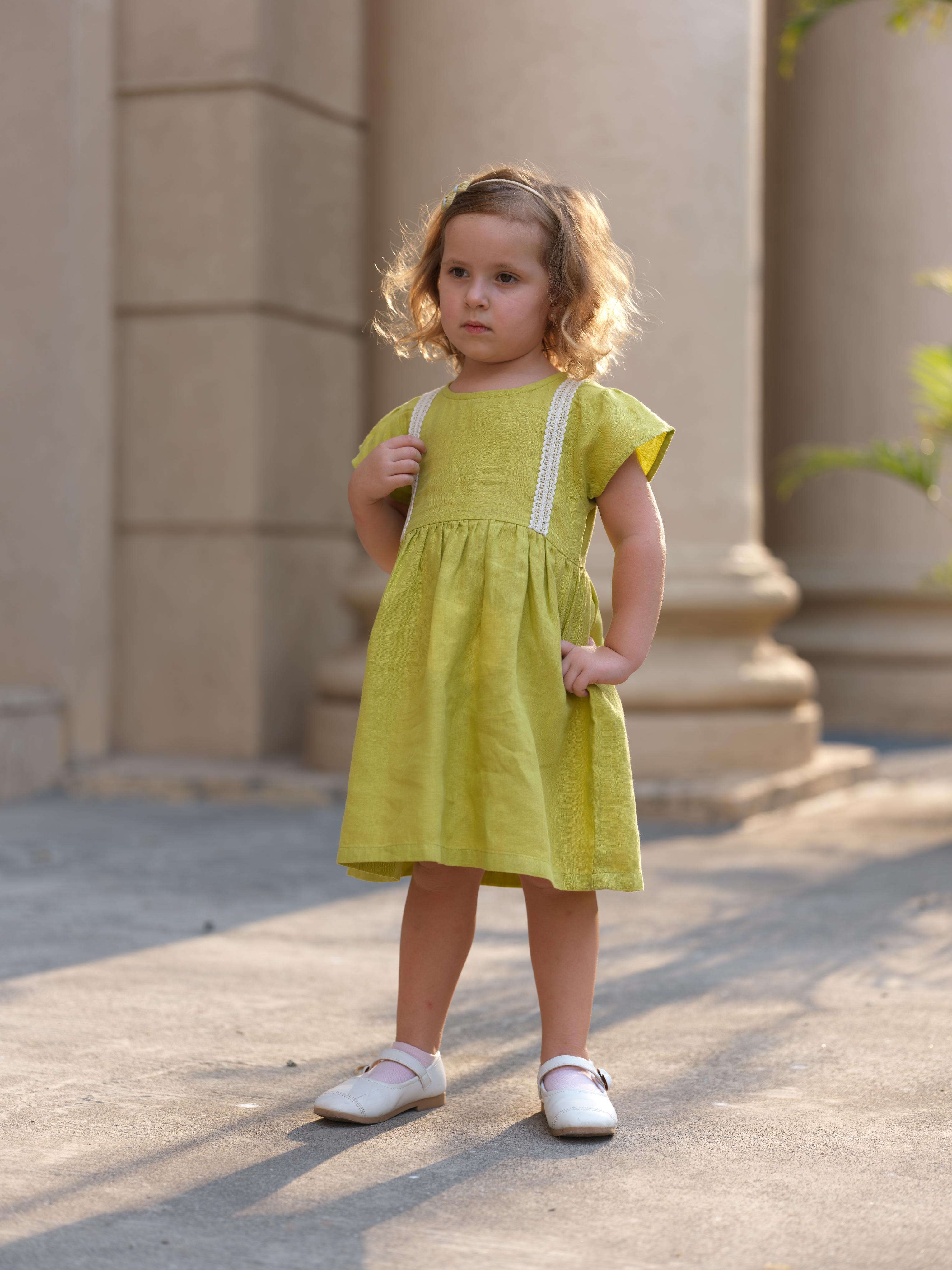 Girl Flared Sleeve Lace Detail Dress Lime