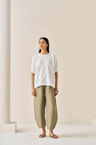 Pleated Top and Harem Pants Co-Ord Set White and Olive - Chi Linen
