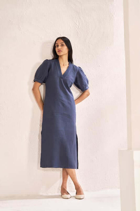 V-Neck Side Slit Dress Navy Blue - Chi Linen